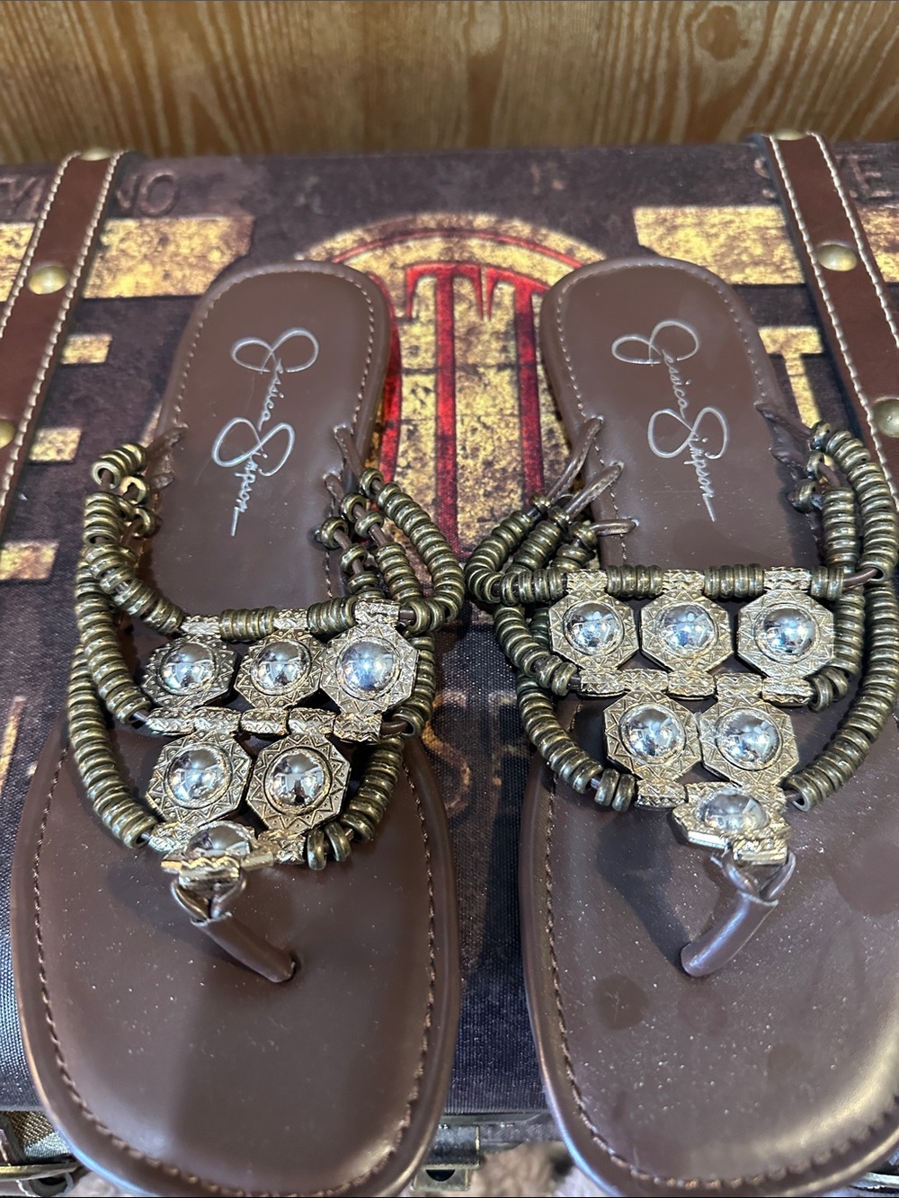 Jessica Simpson Brown Jeweled Thong Sandals with Crystal Accents